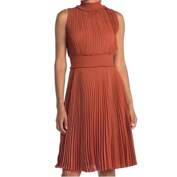 Nanette Lepore Dresses & Skirts - Nanette‎ Lepore Pumpkin Spice Pleated Chiffon Dress Sleeveless Smocked Waisted